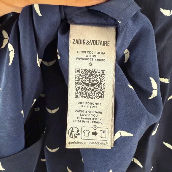 Zadig & Voltaire Womens Silk V-Neck Wing Print Long-Sleeved Blouse Top Small - Picture 6 of 11